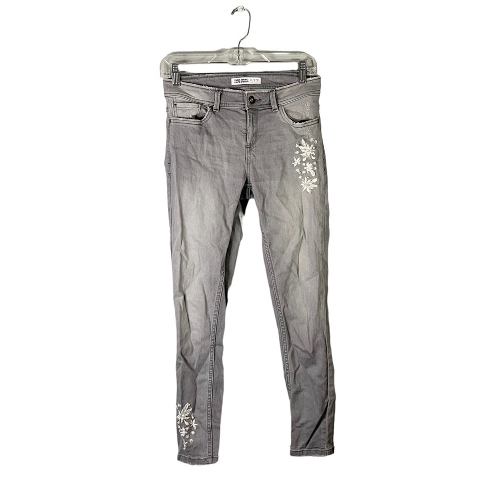 Zara Basic Z1975 Denim Grey Wash Flower Floral Embroidery Distressed Jeans 4